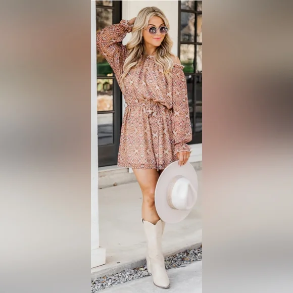beige pink color dress Dusty Pink & Beige Dress with Beading and Feather Accents M / Beige main image 1